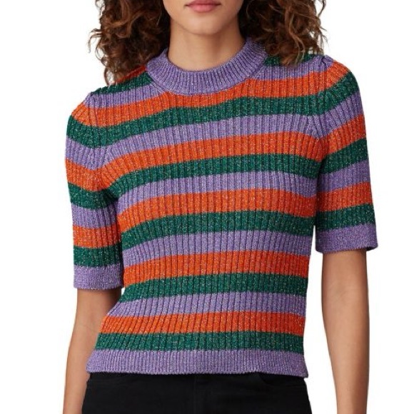 Ganni large stripe lurex rib knit glitter thread crewneck short sleeve sweater - Picture 1 of 10